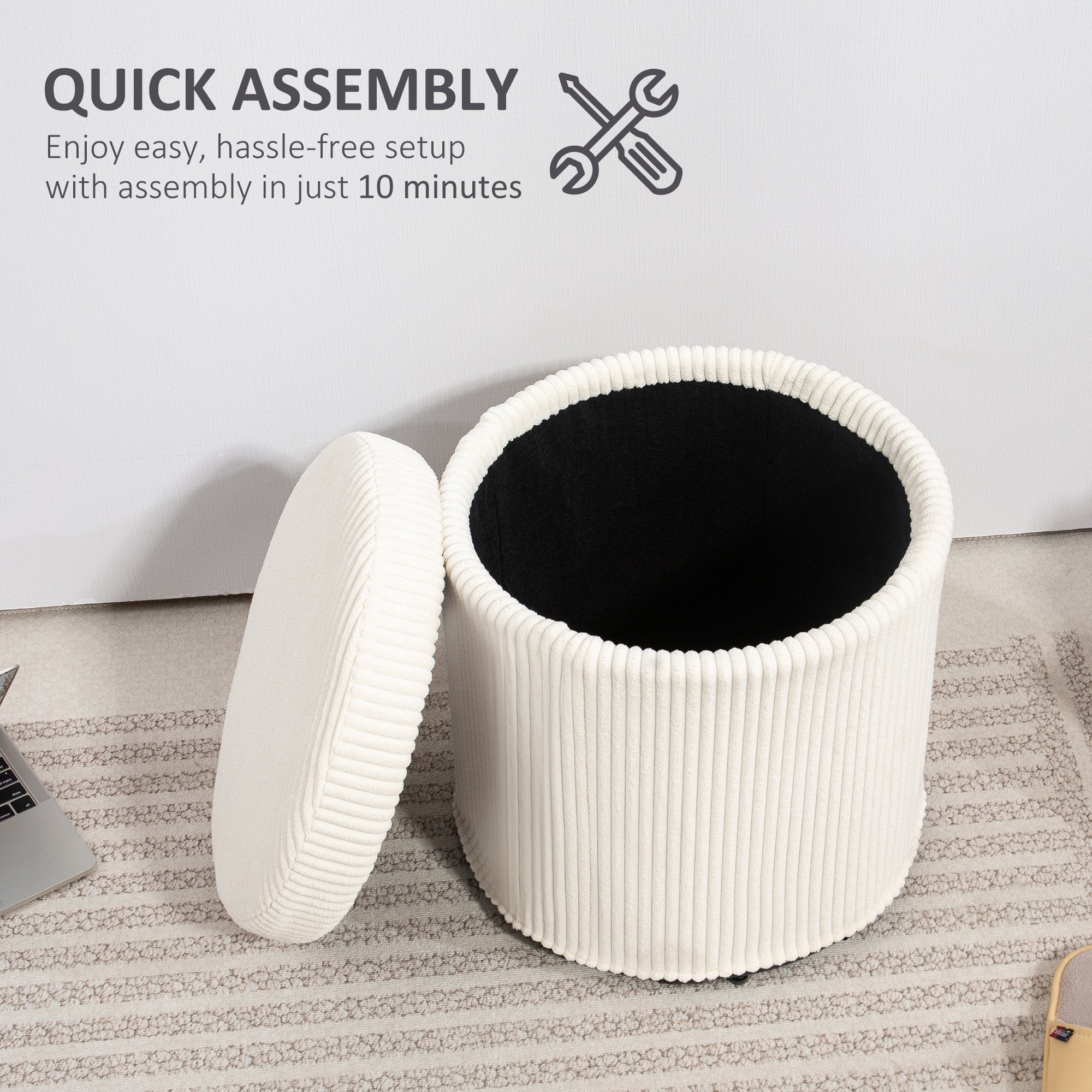 HOMCOM 40cm Round Storage Ottoman, Corduroy Footstool with Removable Lid and Legs, Vanity Stool for Living Room, Bedroom, Beige 