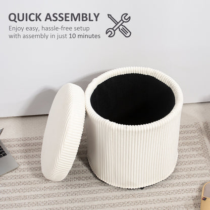 HOMCOM 40cm Round Storage Ottoman, Corduroy Footstool with Removable Lid and Legs, Vanity Stool for Living Room, Bedroom, Beige 