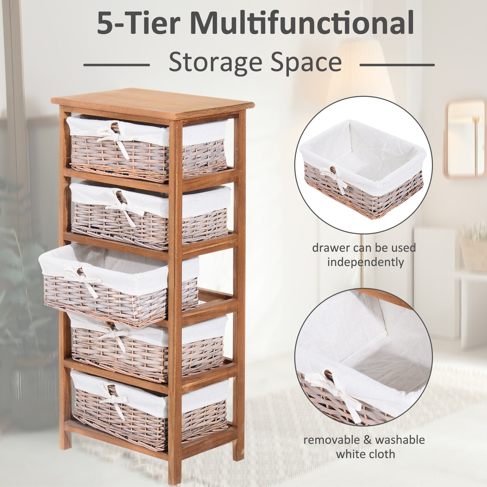 HOMCOM 5 Drawer Dresser Wicker Basket Storage Shelf Unit Wooden Frame Home Organisation Cabinet Bedroom Office Furniture Natural Finish 