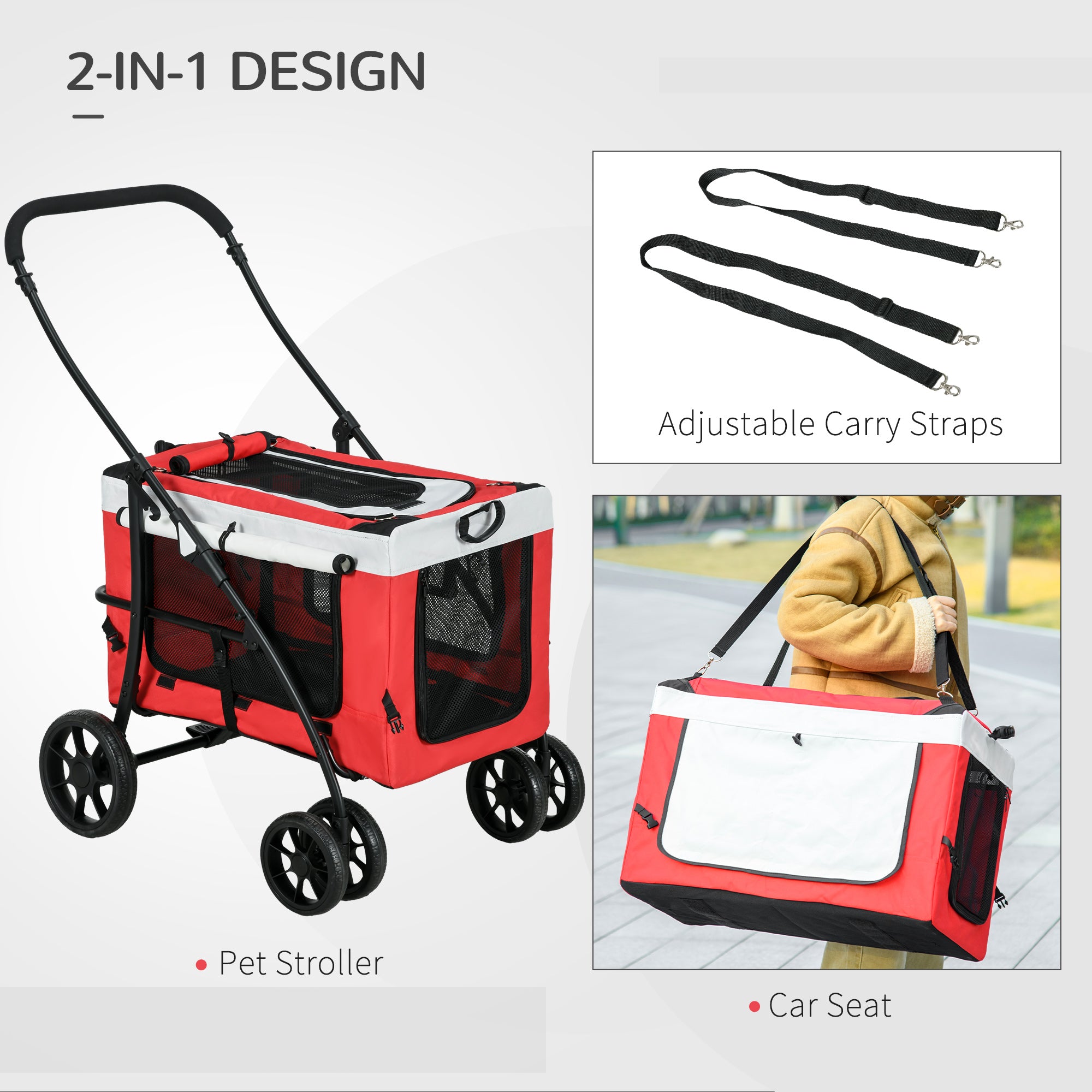 PawHut Foldable Dog Stroller, Pet Travel Crate, with Detachable Carrier, Soft Padding, for Mini, Small Dogs - Red 