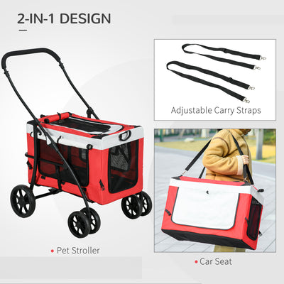 PawHut Foldable Dog Stroller, Pet Travel Crate, with Detachable Carrier, Soft Padding, for Mini, Small Dogs - Red 