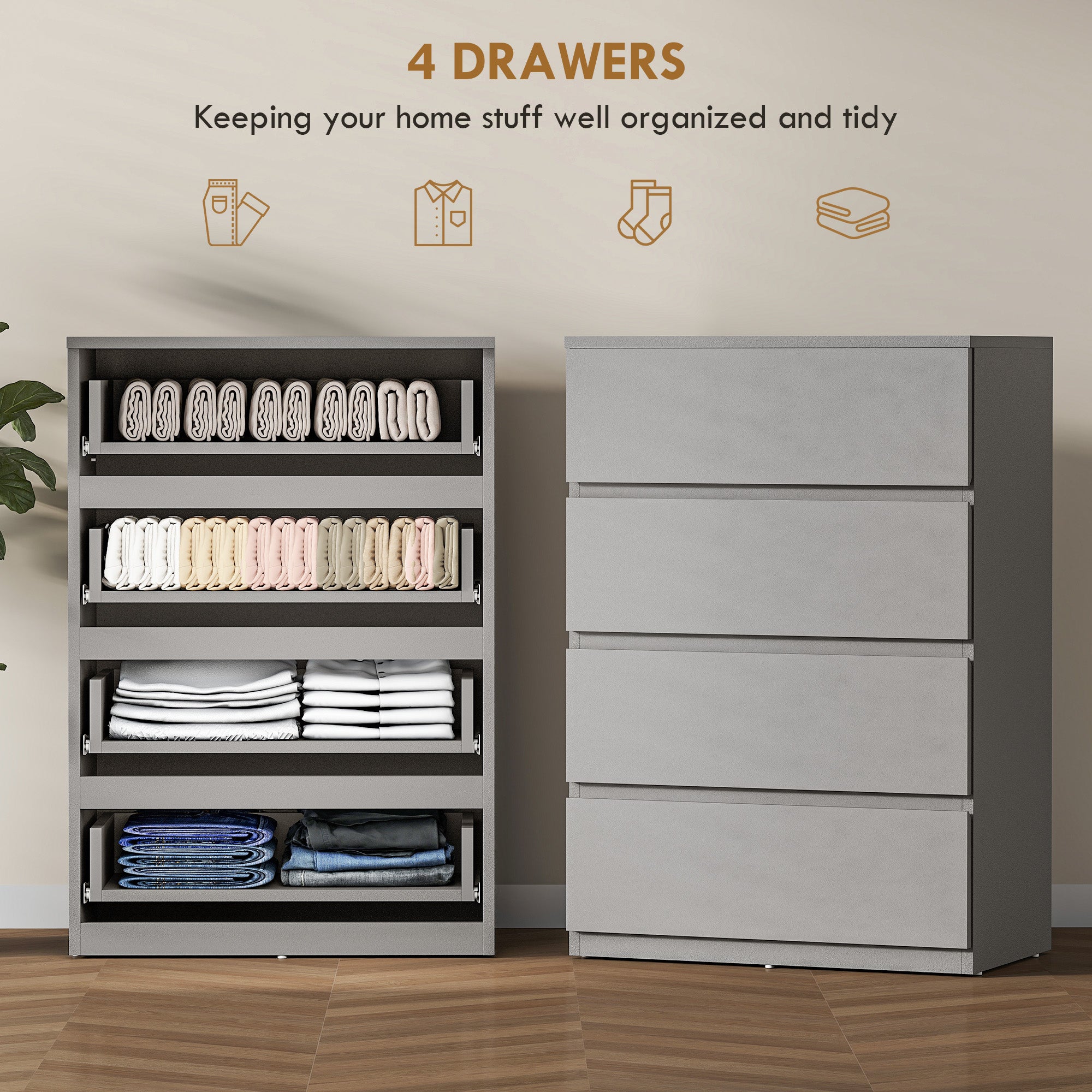 HOMCOM Chest of Drawers, 4-Drawer Storage Cabinets, Modern Dresser, Storage Drawer Unit for Bedroom 
