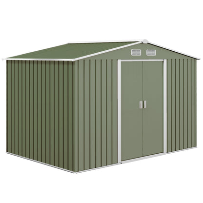 Outsunny 9 x 6ft Metal Garden Shed, Outdoor Storage Tool House with Ventilation Slots, Foundation Kit and Lockable Double Doors, Light Green 