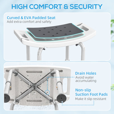 HOMCOM 6-Level Height Adjustable Aluminium Bath Room Stool Chair Shower Non-Slip Design w/ Padded Seat Drainage Holes Foot Pad, Grey 