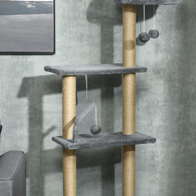 PawHut Floor to Ceiling Cat Tree for Indoor Cats, 6-Tier Play Tower Climbing Activity Center with Scratching Post, Platforms, Bed, Hammock, Adjustable Height 230-250cm, Grey 