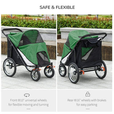 PawHut Foldable Pet Stroller, with Washable Cushion, Storage Bags, Safety Leash, for Medium, Large Dogs, Cats - Green 