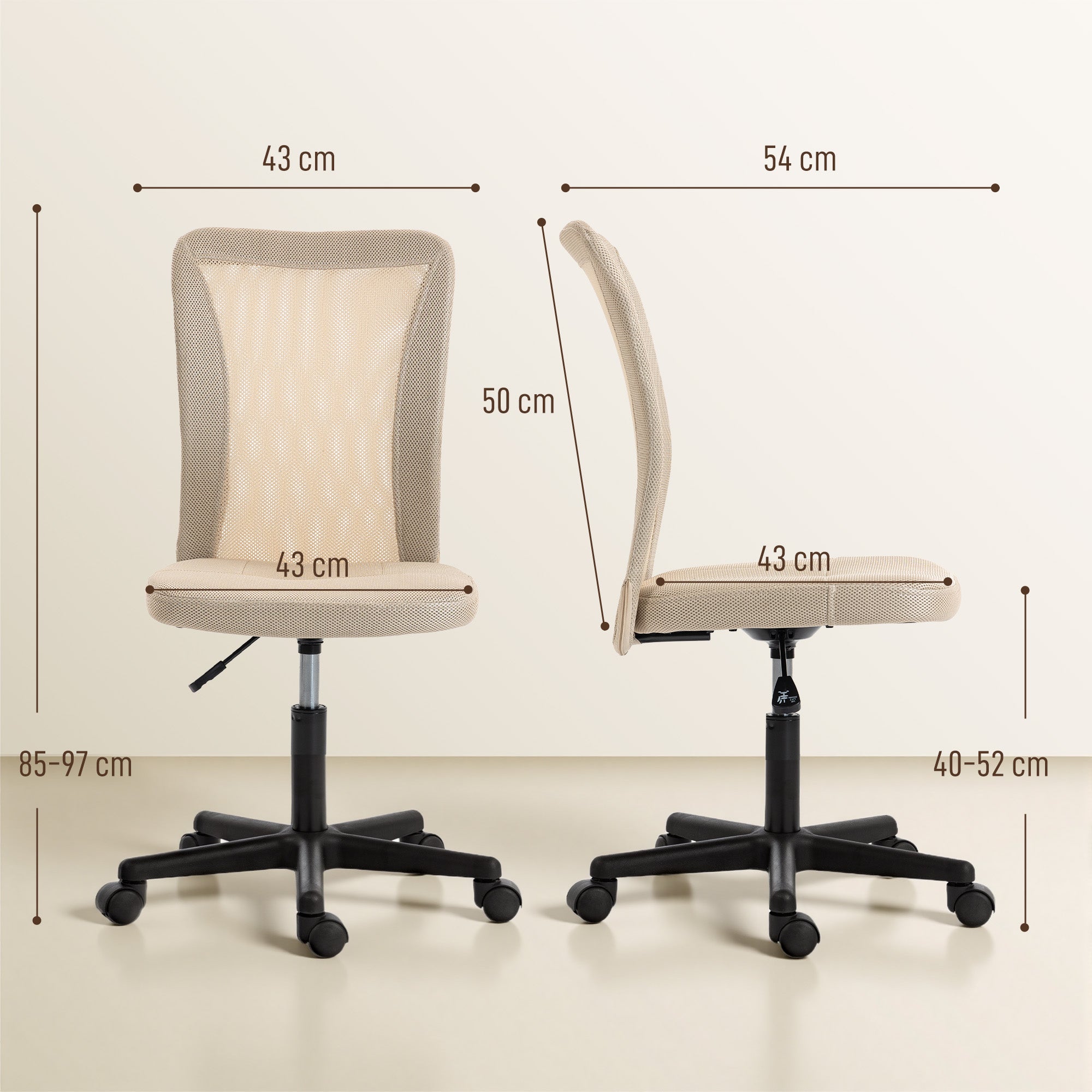 Vinsetto Computer Desk Chair, Mesh Office Chair with Adjustable Height and Swivel Wheels, Armless Study Chair, Beige 