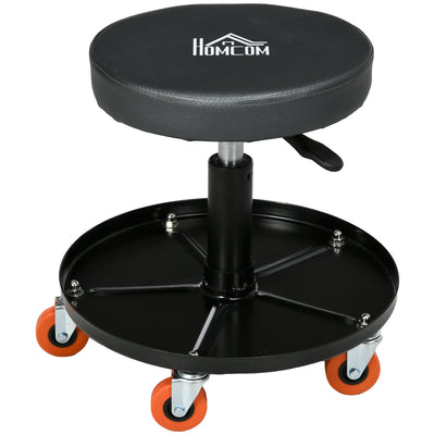 HOMCOM Workshop Stool, Pneumatic Adjustable Mechanic Stool, with Tool Tray, Wheels - Black 