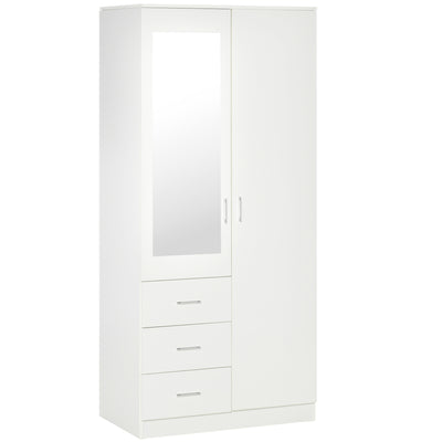HOMCOM Modern Mirror Wardrobe 2 Door Storage Cupboards Home Storage Organisation Furniture with Adjustable Shelf, Hanging Rail and 3 Drawers, 180cm, White 