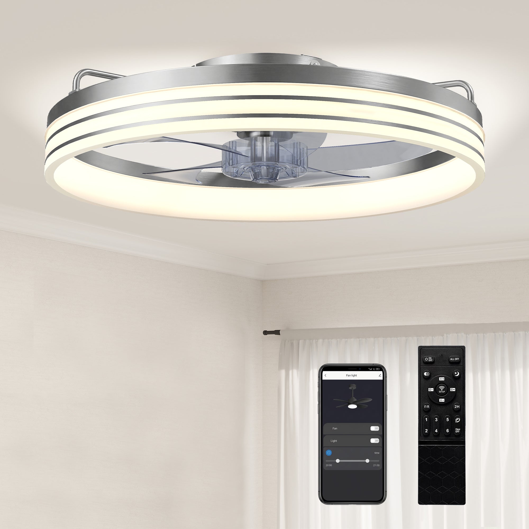 HOMCOM Ceiling Fans with Lights and Remote & App Control, 50cm LED Ceiling Fan Light with 3 Colour Temperatures, 6 Speed, Silver 