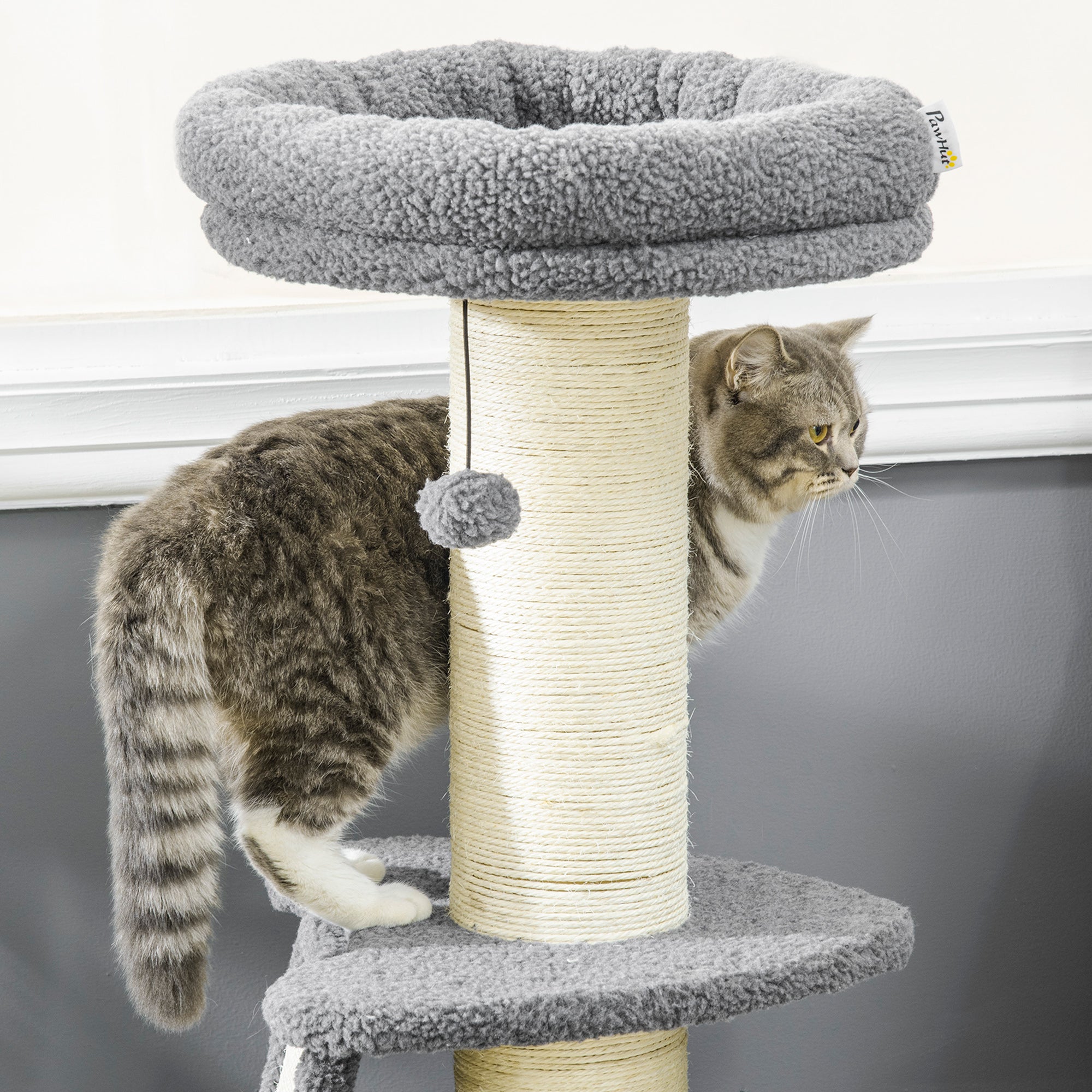 PawHut Cat Tree Tower with Scratching Posts, Pad, Bed, Toy Ball-Dark Grey 
