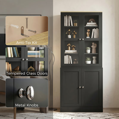 HOMCOM Modern Bookcase Display Storage Unit with Glass Doors Adjustable Shelves, Black