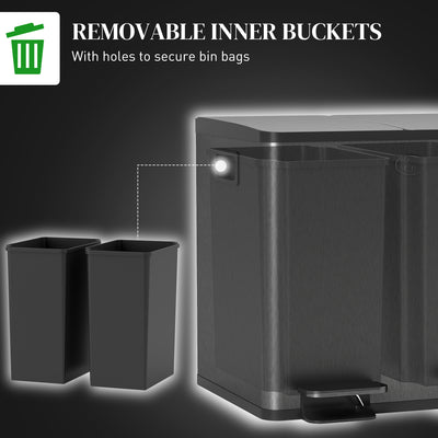 HOMCOM 30L Dual Compartment Stainless Steel Bin, with Deodoriser Holders - Black 