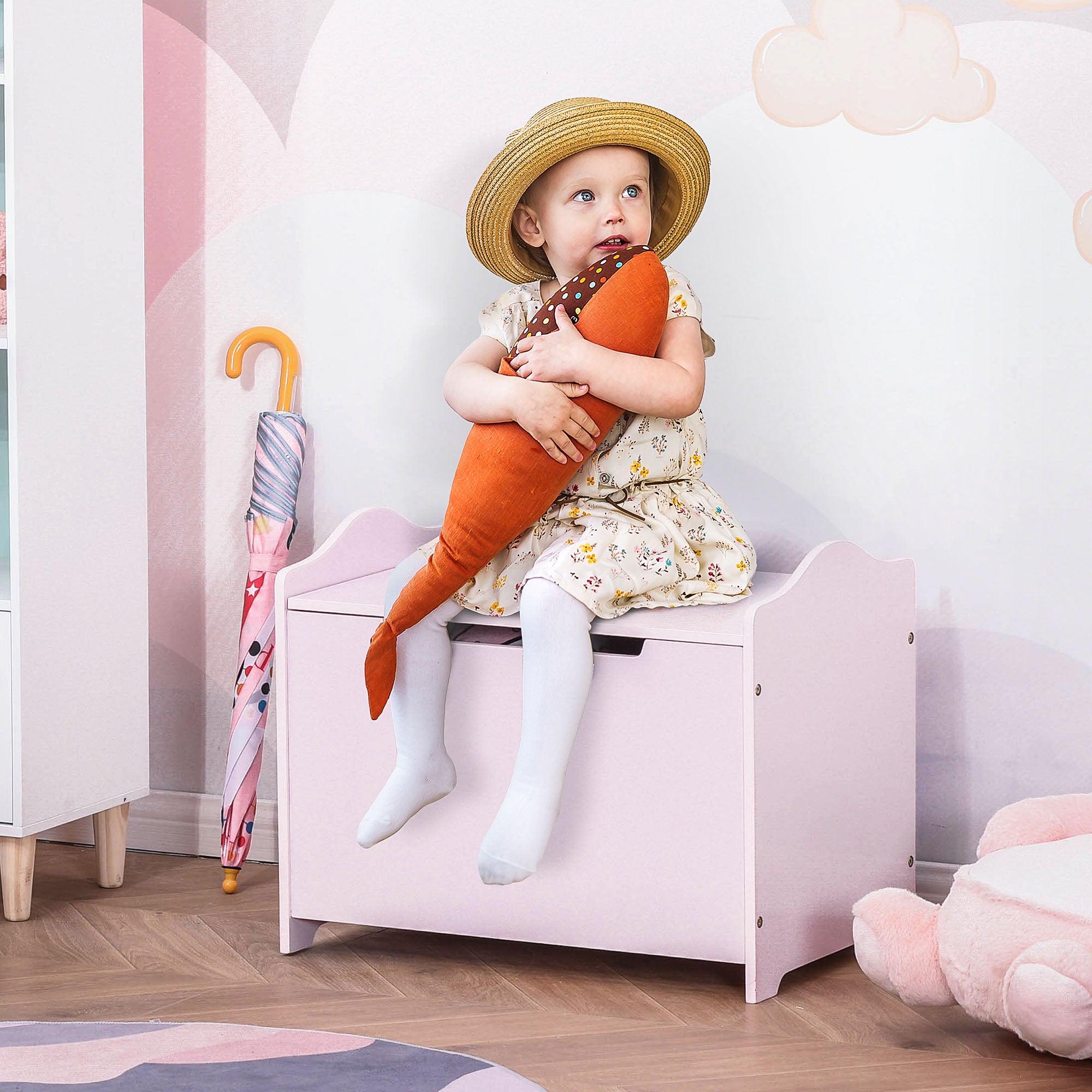 HOMCOM Wooden Kids Toy Box Children Storage Organizer Chest Safety Hinge Playroom Furniture Pink 