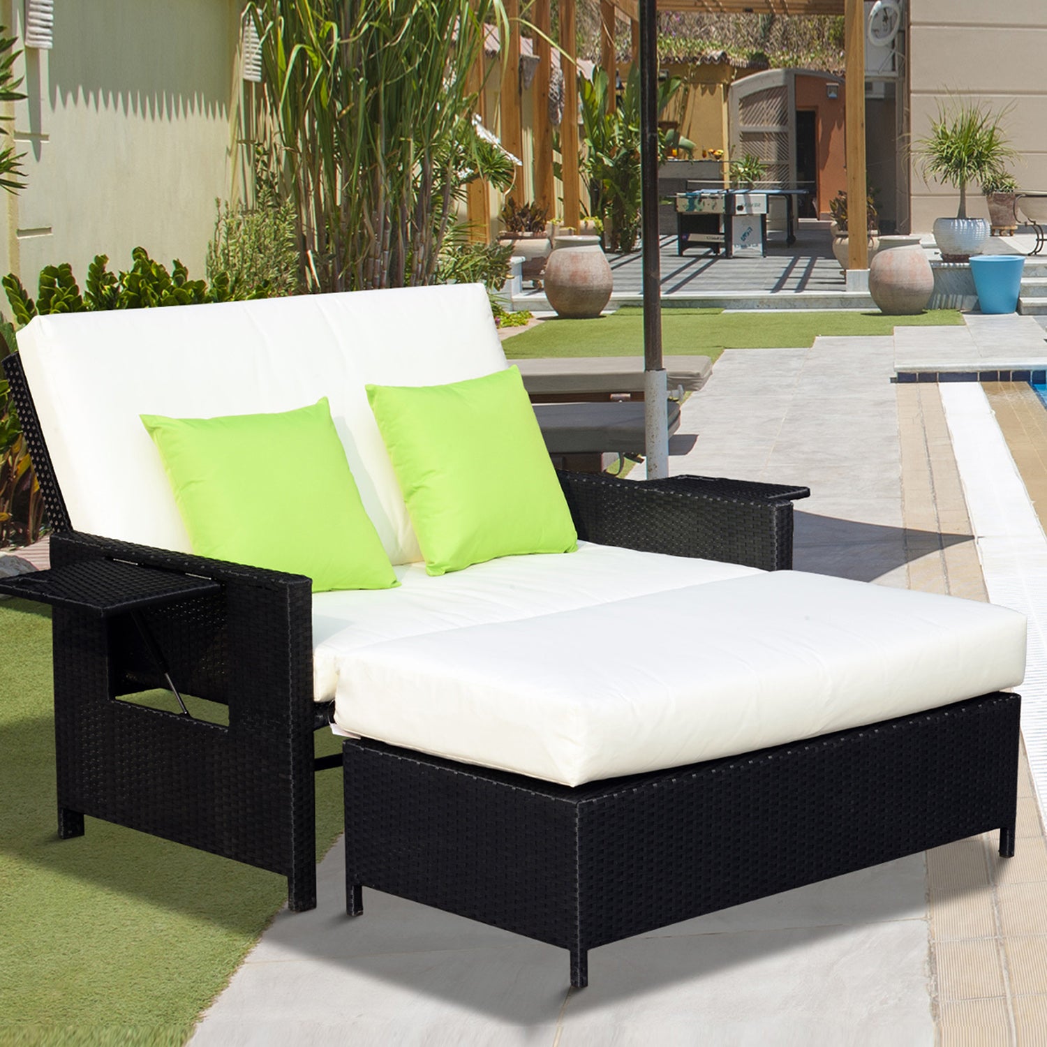 Outsunny Rattan 2-Seater Sofa Sun Lounger Bed-Black 