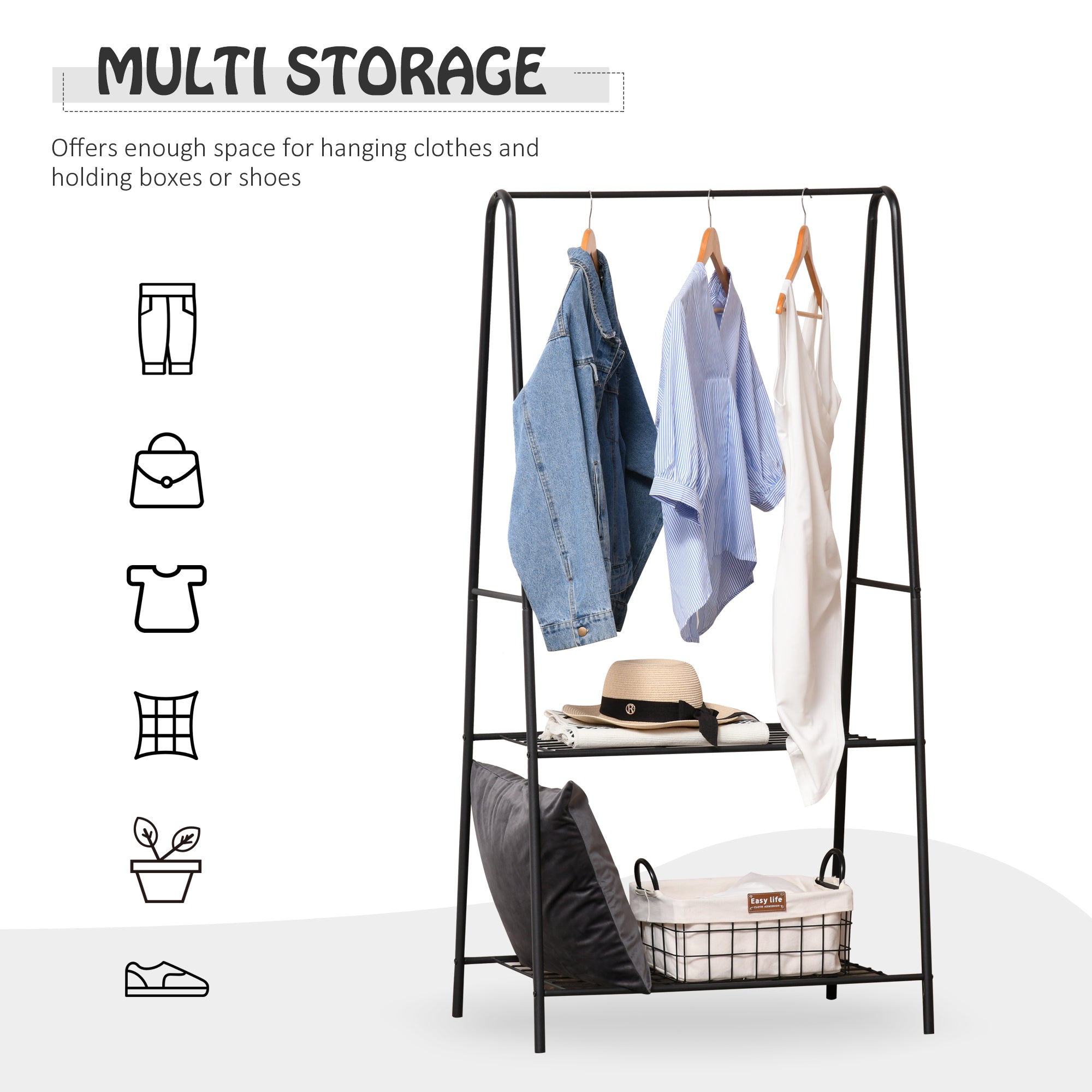 HOMCOM Metal Clothes Rack Coat Garment Hanger Hallway Organiser Hanging Rail Stand 2-tier Shoe Shelving A Shaped 77L x 45W x 153H cm Black 
