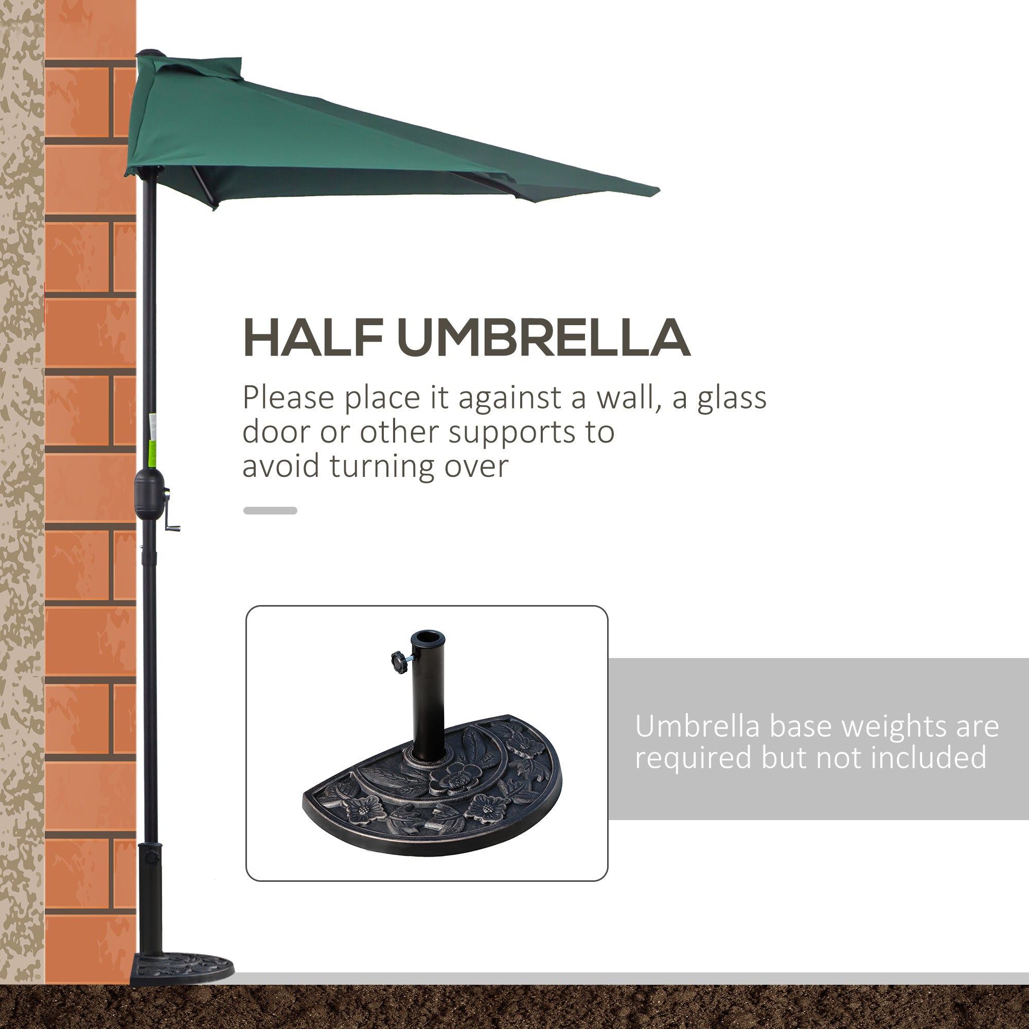 Outsunny 2.7m Garden Half Parasol, Outdoor Balcony Umbrella with 5 Steel Ribs, Patio Sun Shade, Green 