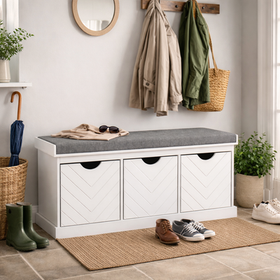 HOMCOM 3-Drawer Padded Shoe Bench with Breathable & Washable Linen-look Cover, White 
