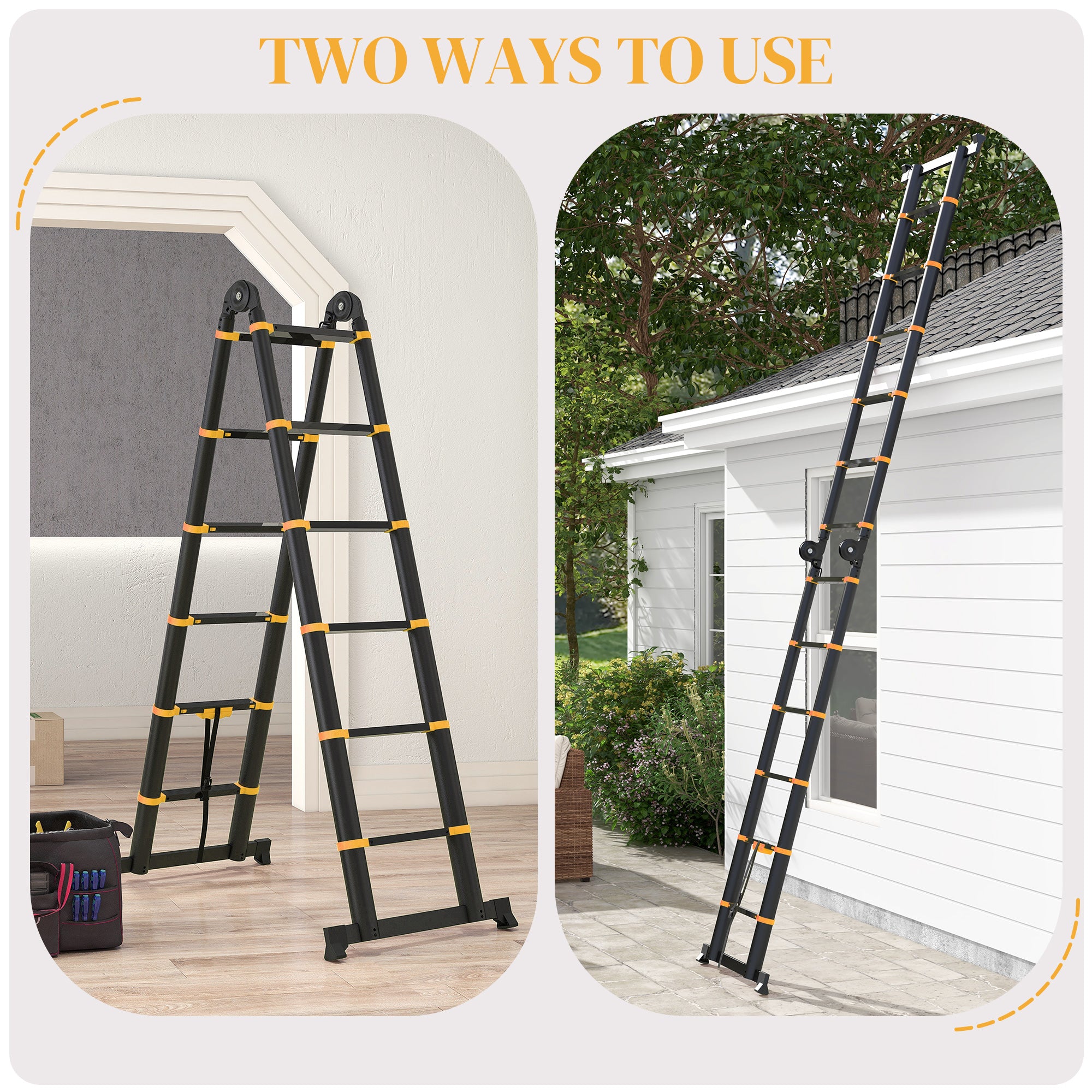 HOMCOM 3.8m Duo Aluminium Ladder w/ Tool Holder - Yellow 