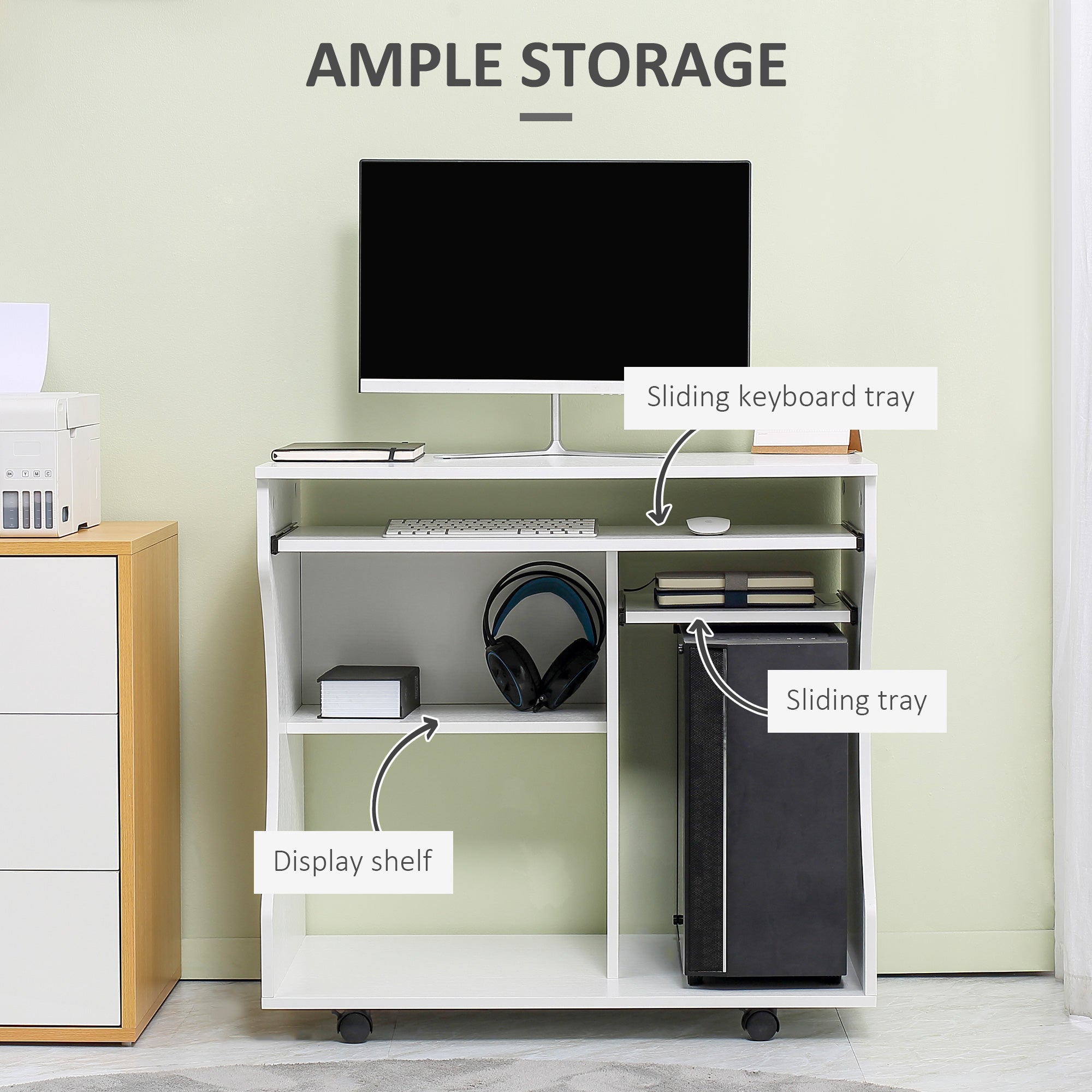 HOMCOM Multi-Storage Compact Work Desk, with Wheels - White 