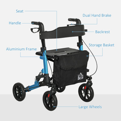 HOMCOM Folding Rollator Walker with Seat, Backrest, Lightweight Walking Frame with Storage Bag, Dual Brakes, Adjustable Handle Height, Suspension System, 4 Wheeled Walker for Seniors, Blue 