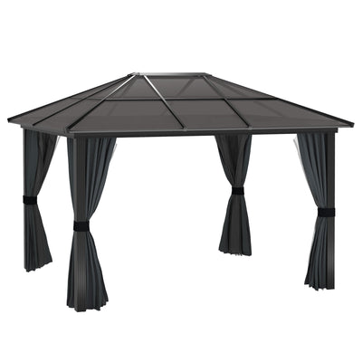 Outsunny 3 x 3.6m Hardtop Gazebo Canopy with Polycarbonate Roof, Aluminium Frame, Permanent Pavilion Garden Gazebo with Netting and Curtains for Patio, Deck, Dark Grey 