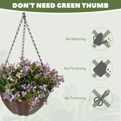 HOMCOM Artificial Flowers in Basket Set of 2, Artificial Hanging Baskets with 75 Leaves and 15 Flowers in Pot, Decorative Plant for Home Office Decor, Purple 