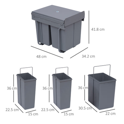 HOMCOM Kitchen Recycle Waste Bin Pull Out Soft Close Dustbin Recycling Cabinet Trash Can Grey (40L (1x20L+2x10L)) 