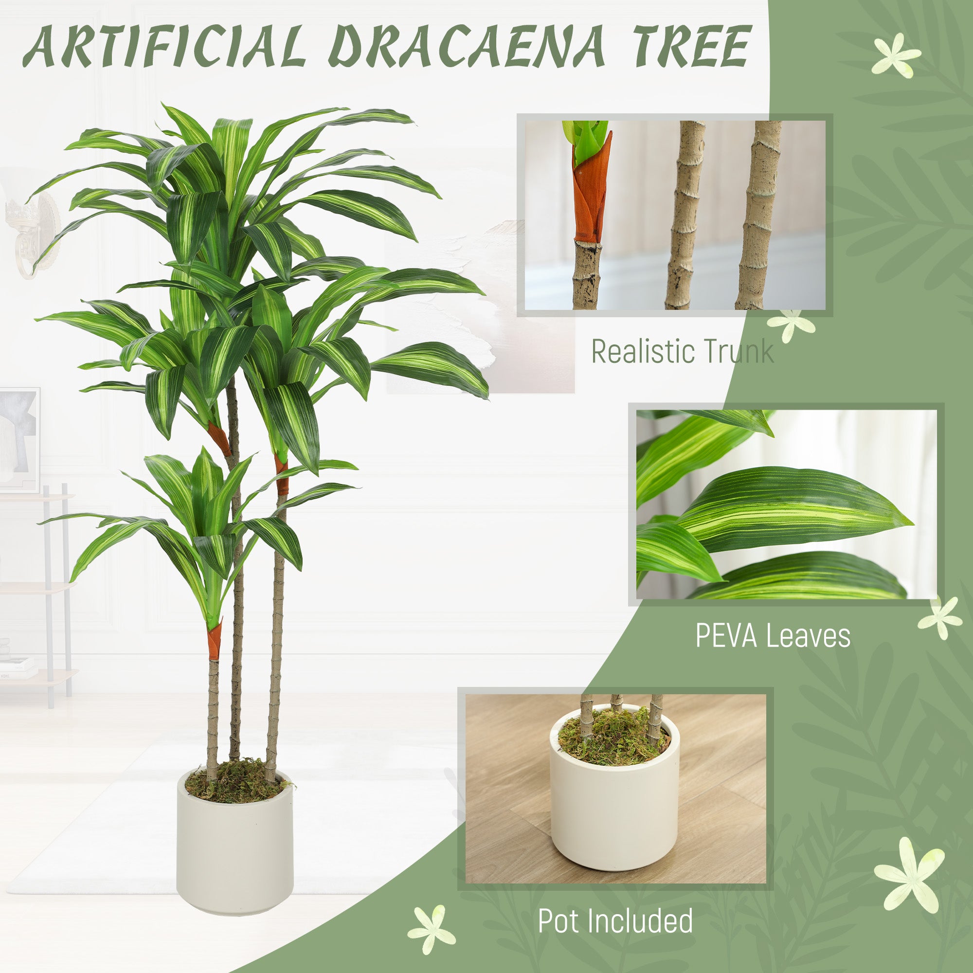 HOMCOM 120cm Artificial Dracaena Tree with Bendable Trunks - Green 