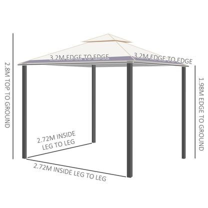 Outsunny 3.2 x 3.2m Garden Gazebo, Double Roof Outdoor Gazebo Canopy Shelter with Netting, Solid Steel Frame for Garden, Lawn, Backyard and Deck 