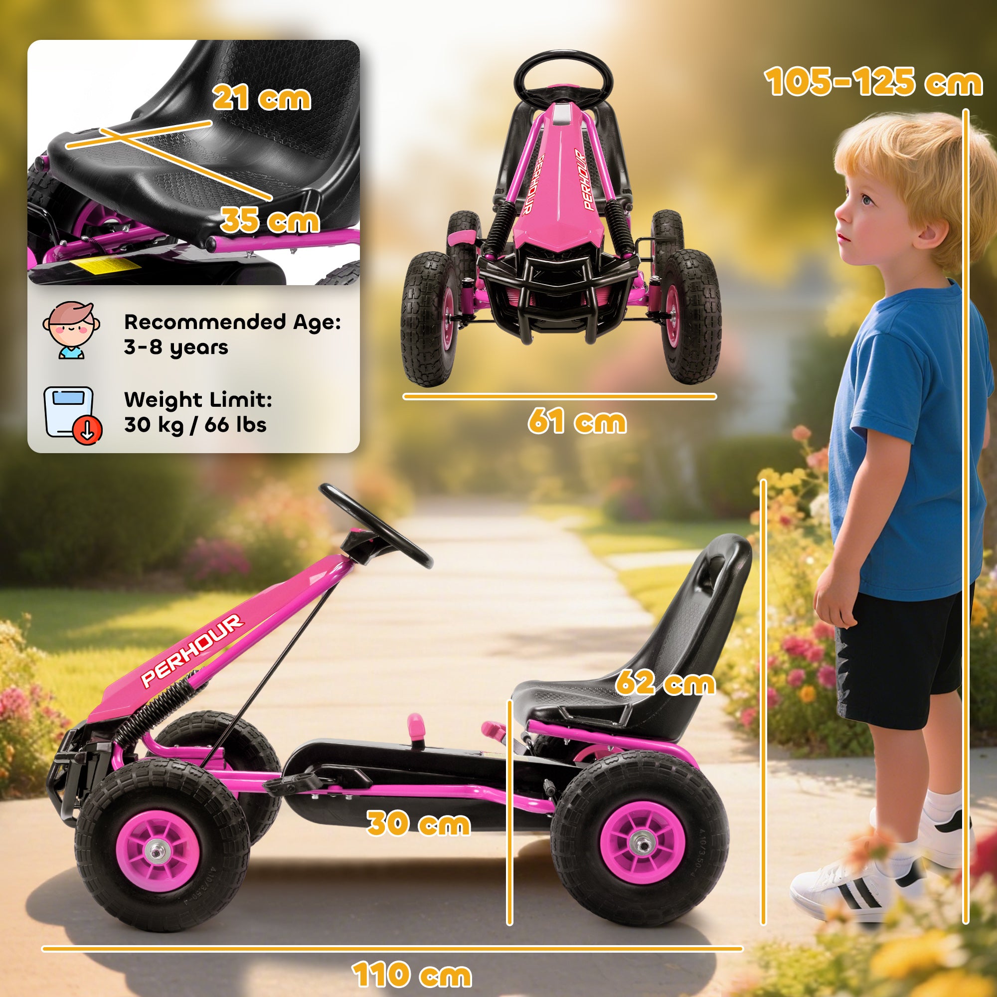 AIYAPLAY Kids Pedal Go Kart with Adjustable Seat, EVA Tyres, Manual Clutch, Brake, Go Kart for Kids 3-8 Years, Pink 