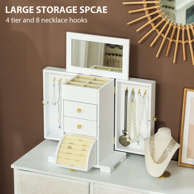 HOMCOM 4-Tier Jewellery Box with Mirror and 2 Drawers - White 