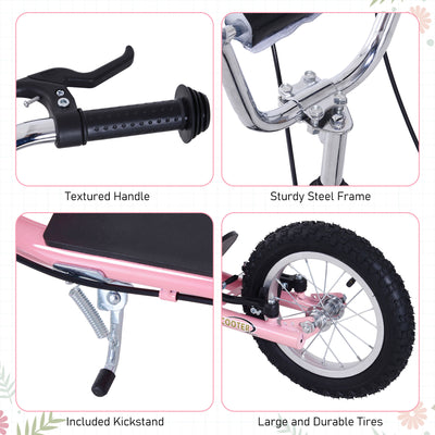 HOMCOM Kids Scooter, Teen Kick Scooter with Rubber Wheels, 16" Front Wheel, Height Adjustable Handlebar, Dual Brakes, Kick Stand, for 5+ Years, Pink 