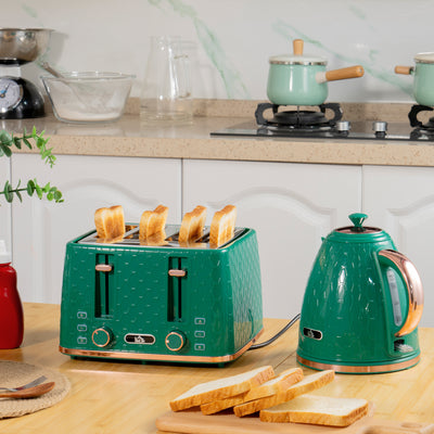 HOMCOM Kettle and Toaster Set, 1.7L 3000W Fast Boil Jug Kettle with Auto Shut Off, 4 Slice Toaster with 7 Level Browning Controls & Crumb Tray, Green 