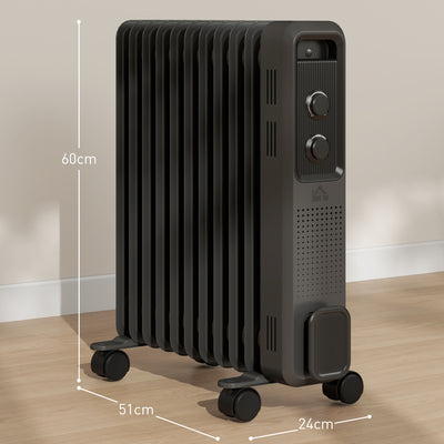 HOMCOM 2500W Oil Filled Radiator, 11 Fin, Portable Electric Heater with 3 Heat Settings, Safety Cut-Off and Wheels, Grey 