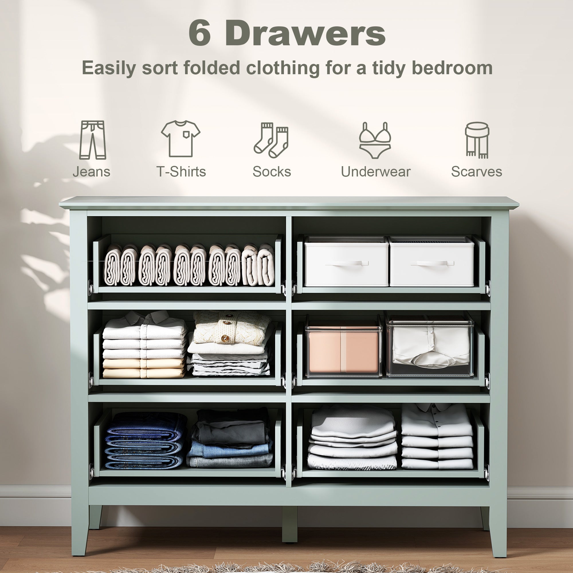 HOMCOM Fluted Dresser, 6 Drawer Chest of Drawers for Bedroom, Living Room, Hallway, Closet, Green 