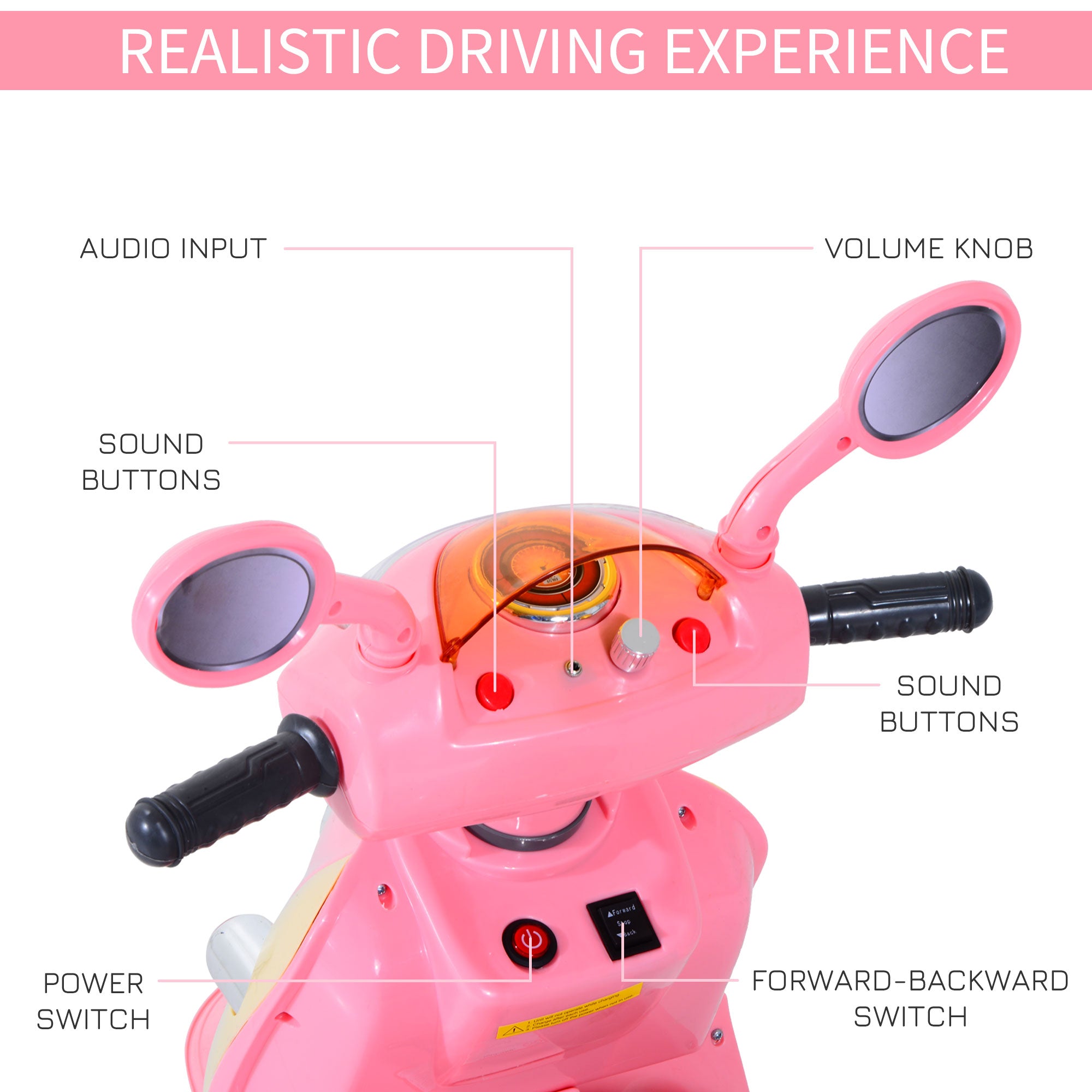 HOMCOM Kids Electric Ride On Toy Car 6V Electric Motorbike with Chargeable Battery Headlight and Music for 3-5 Years - Pink 