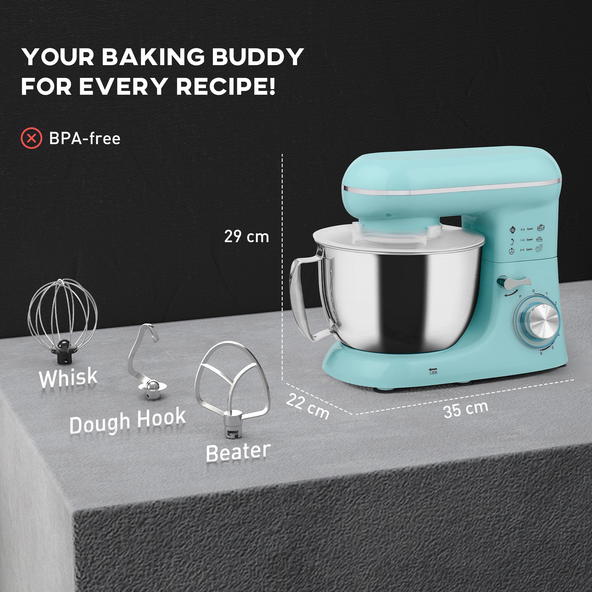 HOMCOM 1300W Kitchen Stand Mixer, with Accessories - Blue