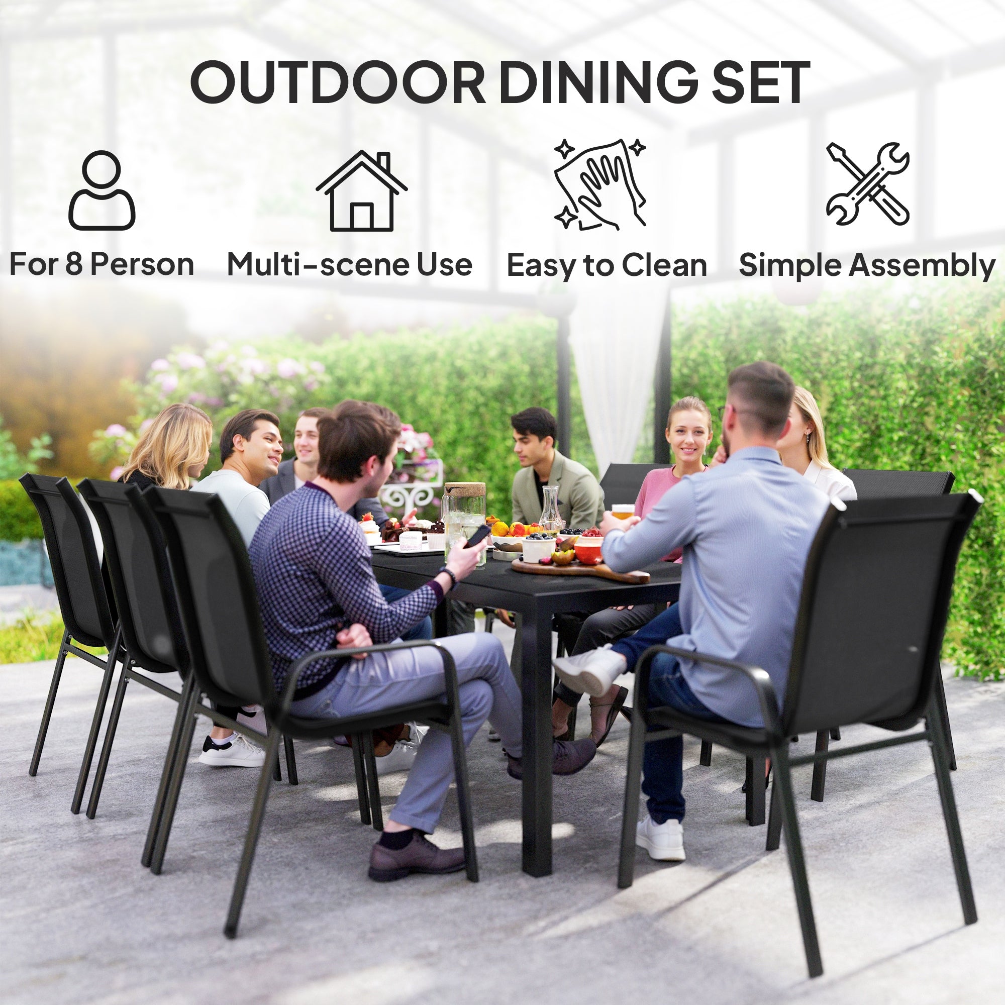 Outsunny 8 Seater Garden Dining Set with Stacking Chairs, Rectangular Tempered Glass Top, Garden Furniture Set, Outdoor Dining Table and Chairs for Patio, Balcony, Poolside, Black 