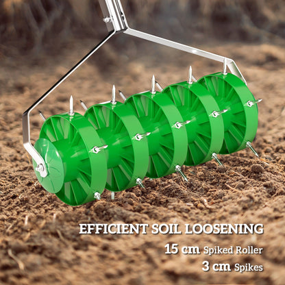 Outsunny Rolling Lawn Aerator, Manual Grass Spike Roller, Heavy Duty Garden Aerator with 3 Piece Detachable Handle and T-bar Grip, Outdoor Garden Lawn Tool, Dark Green 