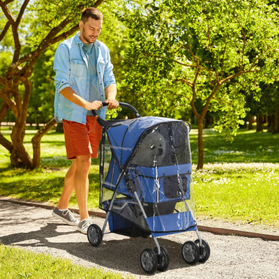 PawHut Dog Stroller with Rain Cover for Small Miniature Dogs, Folding Pet Pram with Cup Holder, Storage Basket, Reflective Strips, Blue 