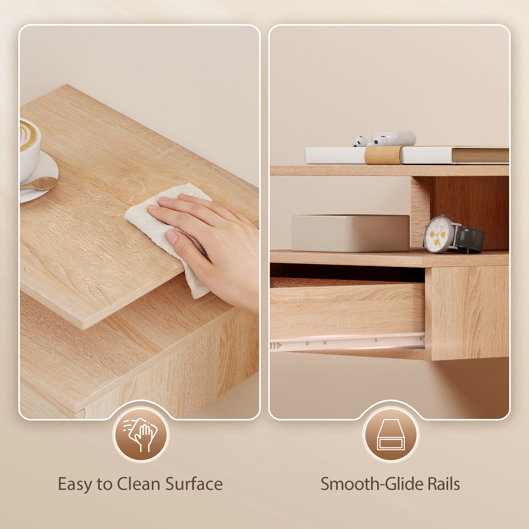 HOMCOM Set of Two Floating Bedside Tables - Oak 