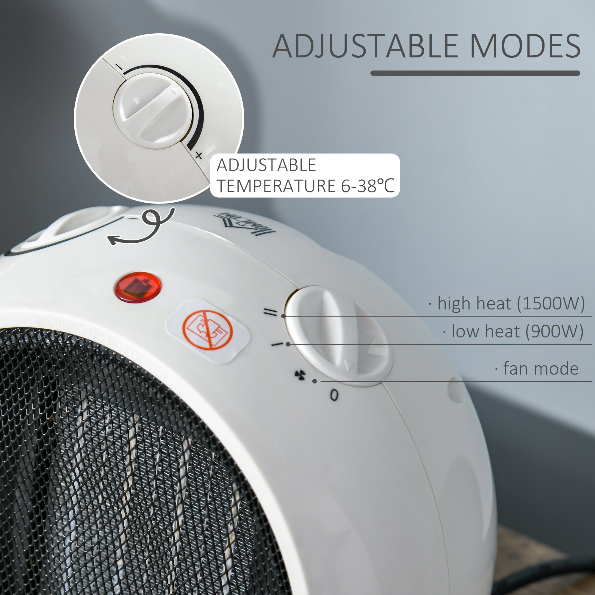 HOMCOM Small Table Top Space Heater, Ceramic Electric Heater with 2 Heat and Fan, Adjustable Temperature, Tip-Over & Overheating Protection, 900W/1500W 