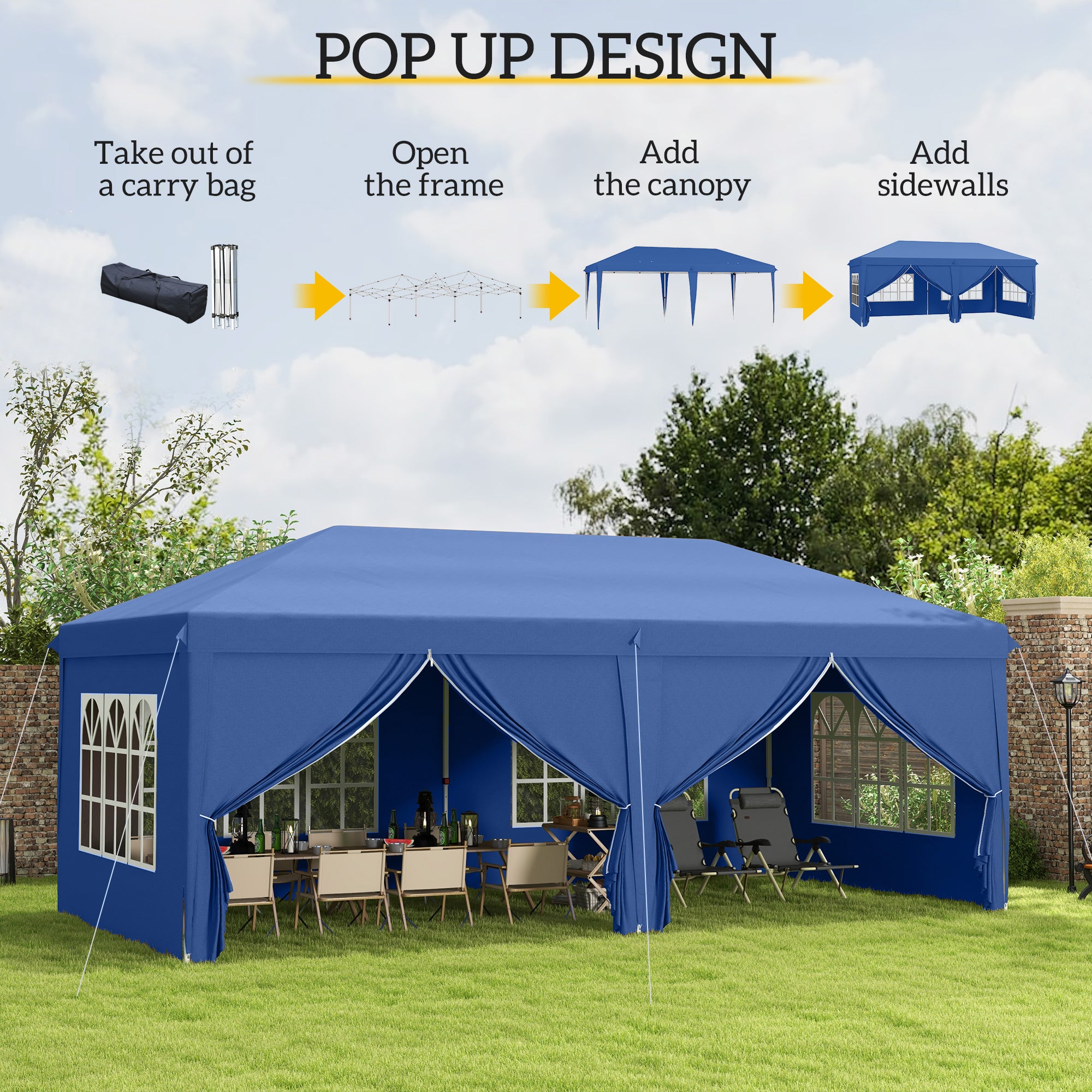 Outsunny 3 x 6 m Pop Up Gazebo with Sides and Windows, Height Adjustable Wedding Camping Party Tent Canopy Marquee with Storage Bag for Garden, Event, Blue