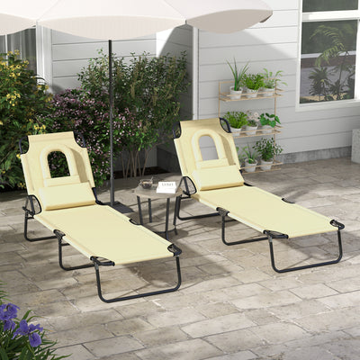 Outsunny Outdoor Foldable Sun Lounger Set of 2, 4 Level Adjustable Backrest Reclining Sun Lounger Chair with Pillow and Reading Hole, Beige 