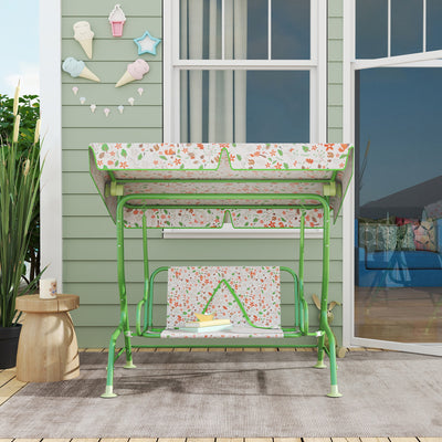 AIYAPLAY Kids Garden Swing Chair with Adjustable Canopy, Safety Belt, 2 Seater Hammock Swing Bench for Patio, Porch, Green 