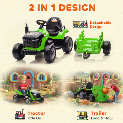 AIYAPLAY 12V Ride on Tractor and Trailer with Remote Control, Music, Shifter, Start-Up Sound, for Kids Ages 3-8 Years, Green 