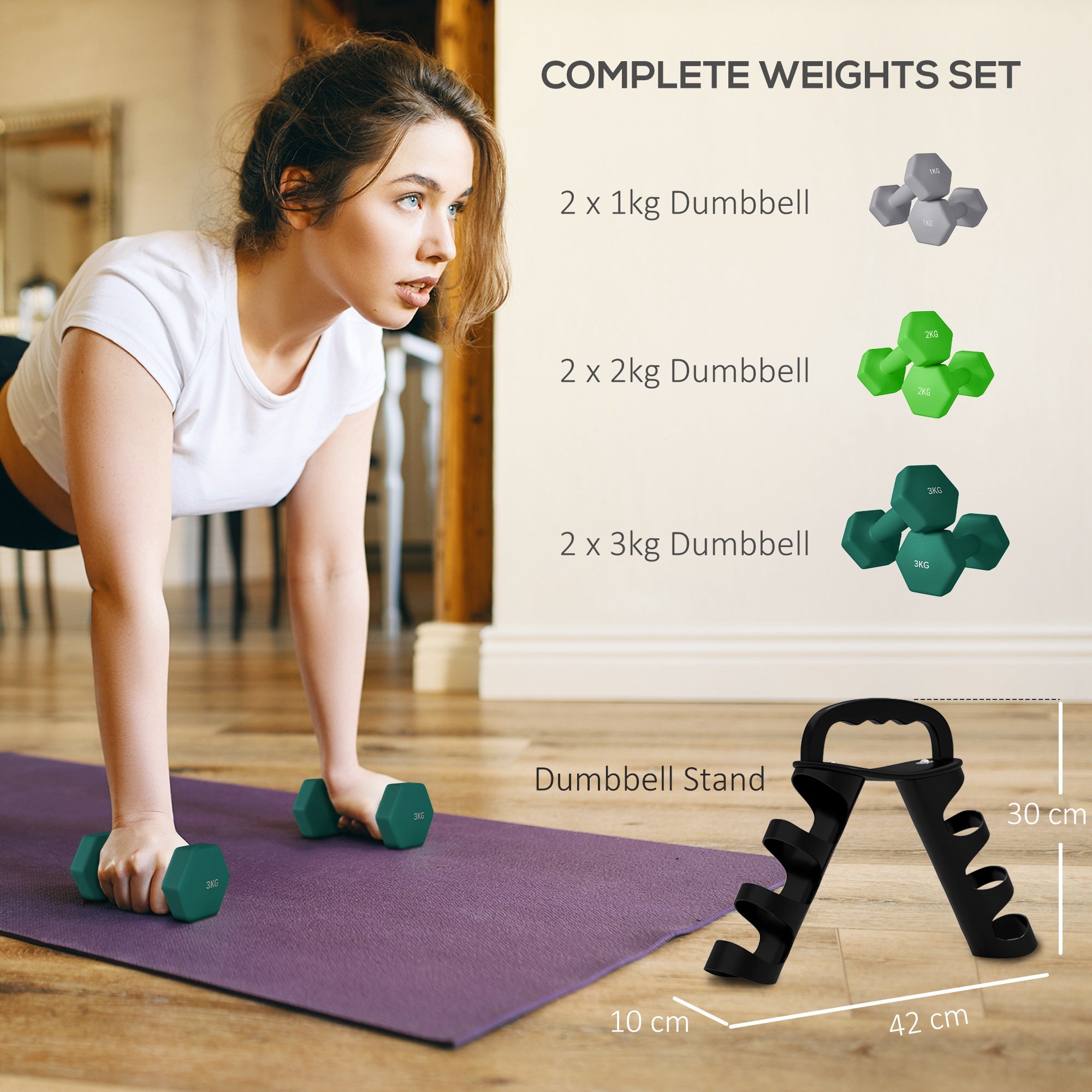 SPORTNOW Dumbbells Set with Carry Storage Rack, Set of 6 Weights for Home Gym Kettlebell Training Weight Lifting Exercise, 2 x 1kg, 2 x 2kg, 2 x 3kg 