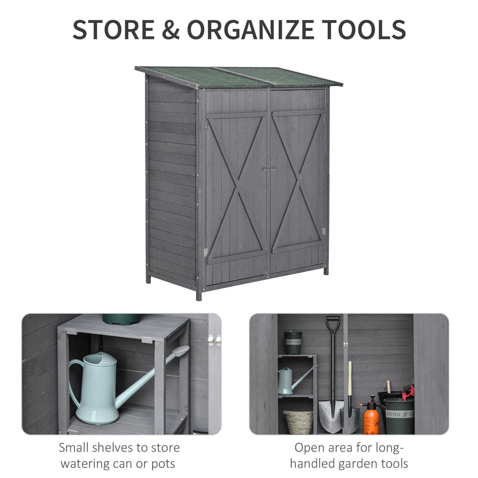 Outsunny 139 x 75 Fir Wood Garden Shed, with Asphalt Roof - Grey 
