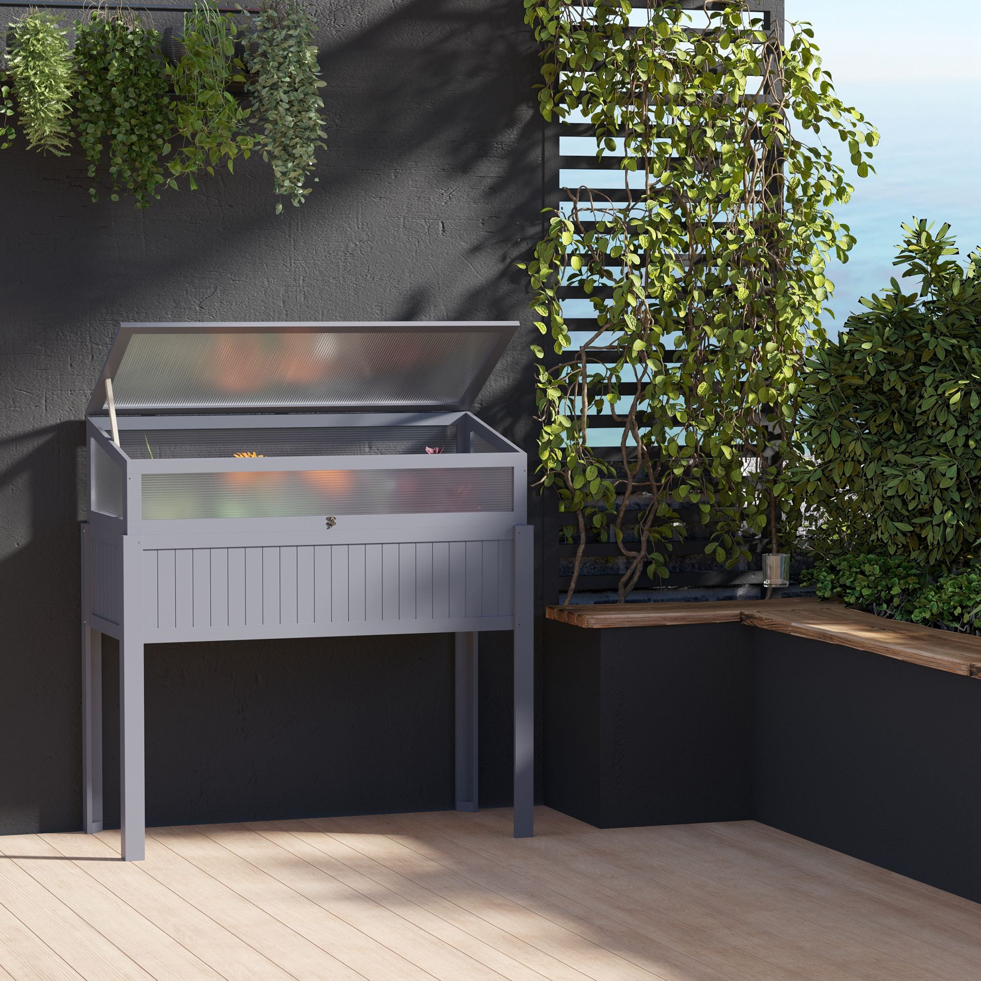 Outsunny Raised Garden Bed 2-IN-1 Wood Cold Frame Greenhouse with Elevated Garden Box, Openable Top for Flowers, Vegetables, Plants, Grey 